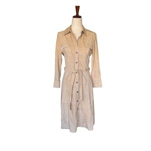 Theory Megan Suede Leather Shirt Dress Camel Beige Tan Belt Button Up Sz 4